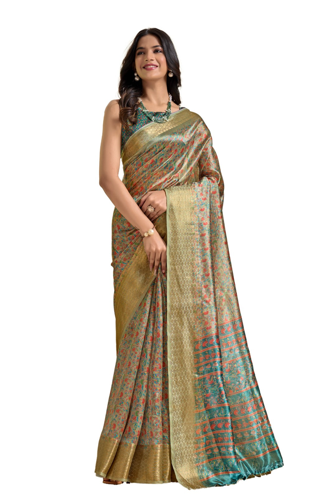 Olive-Green Soft Silk Blend Saree with Traditional Pallu & Floral Body