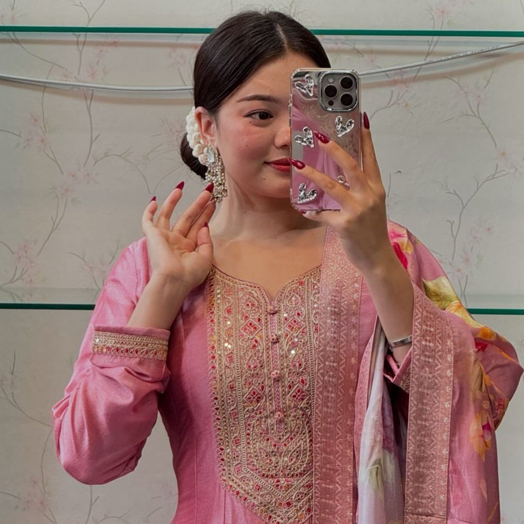 Blush Traditional Dress – Paired with Vibrant Shawl