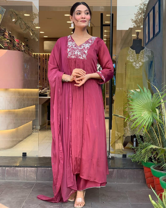 Traditional Maroon Kurta – With Dupatta & Charm