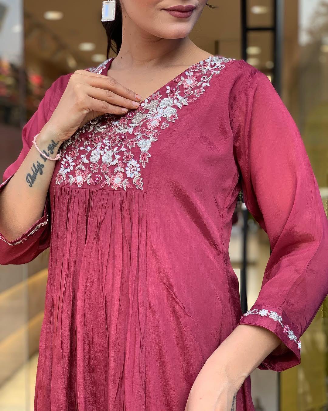 Traditional Maroon Kurta – With Dupatta & Charm