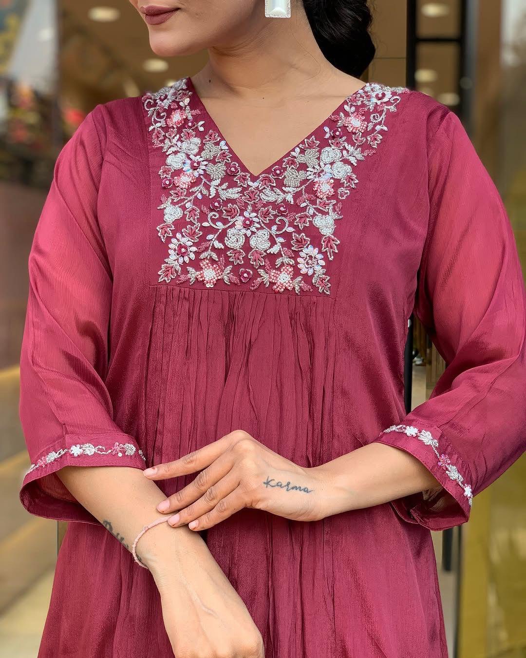 Traditional Maroon Kurta – With Dupatta & Charm