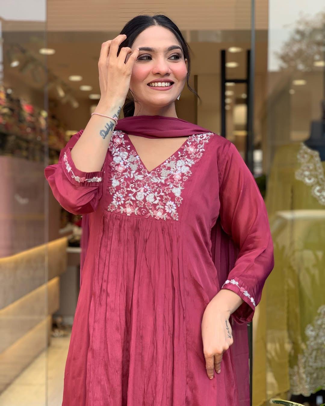 Traditional Maroon Kurta – With Dupatta & Charm