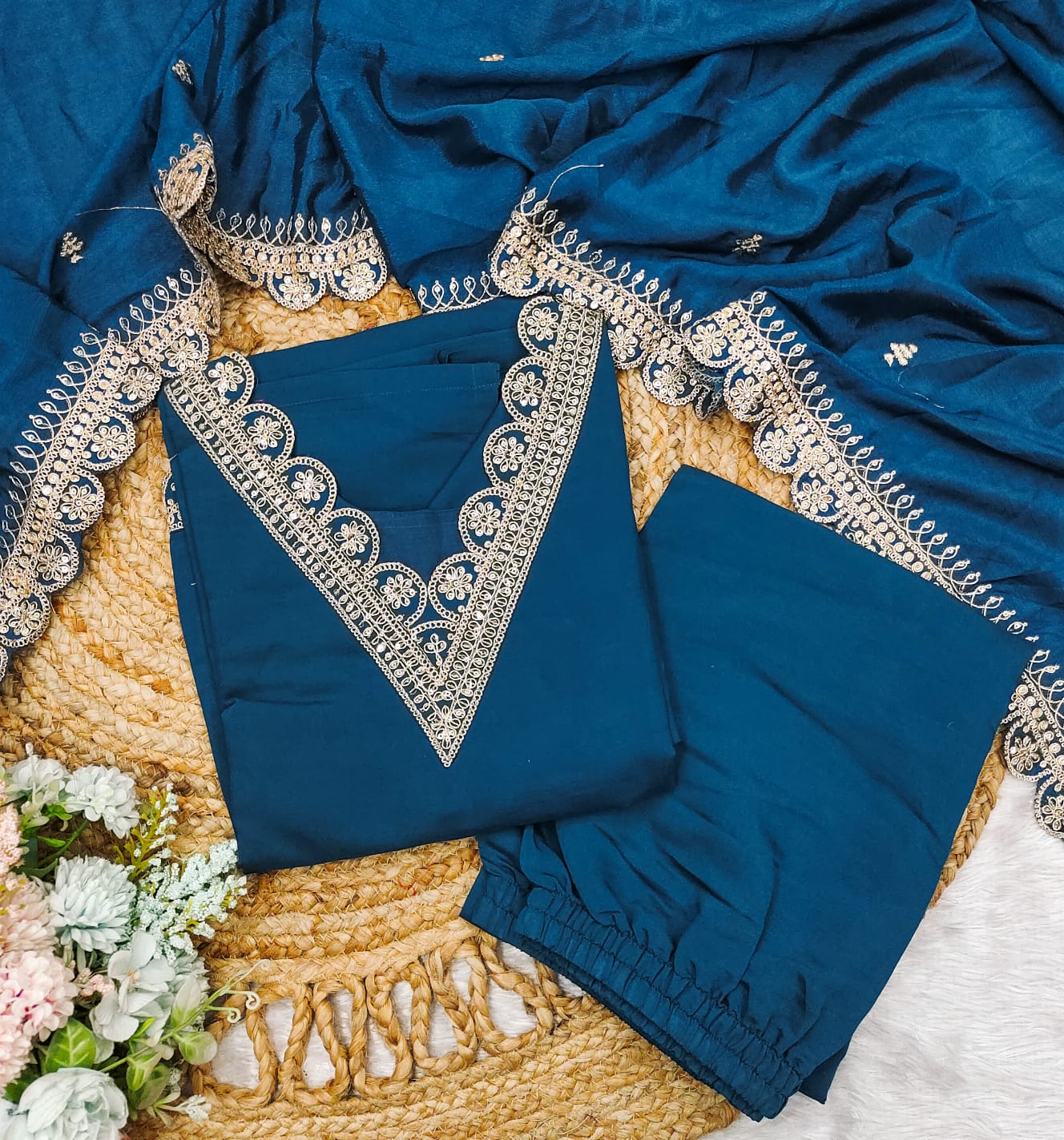 Elegant Blue Kurta Set – Silver Embroidered Grace