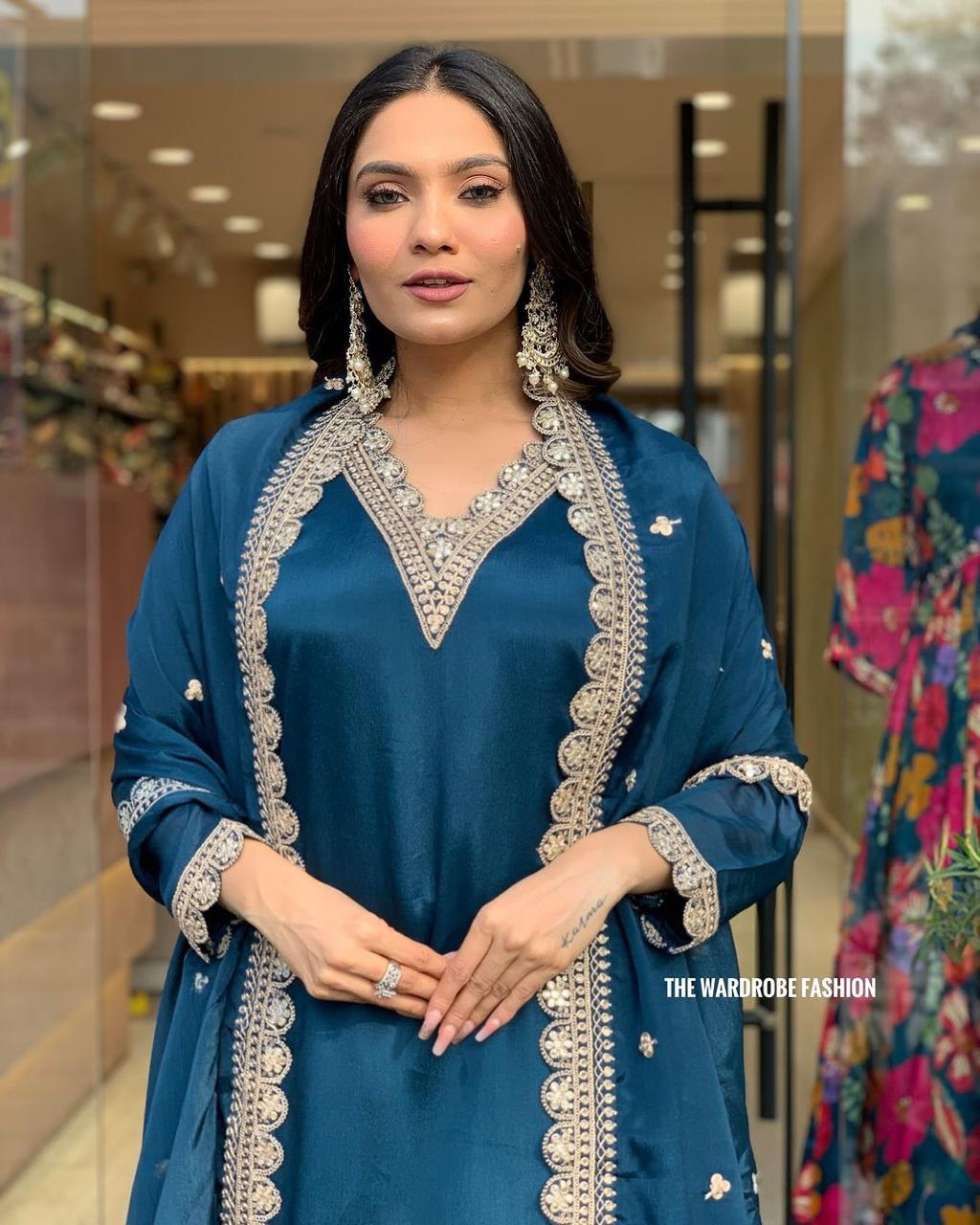 Elegant Blue Kurta Set – Silver Embroidered Grace