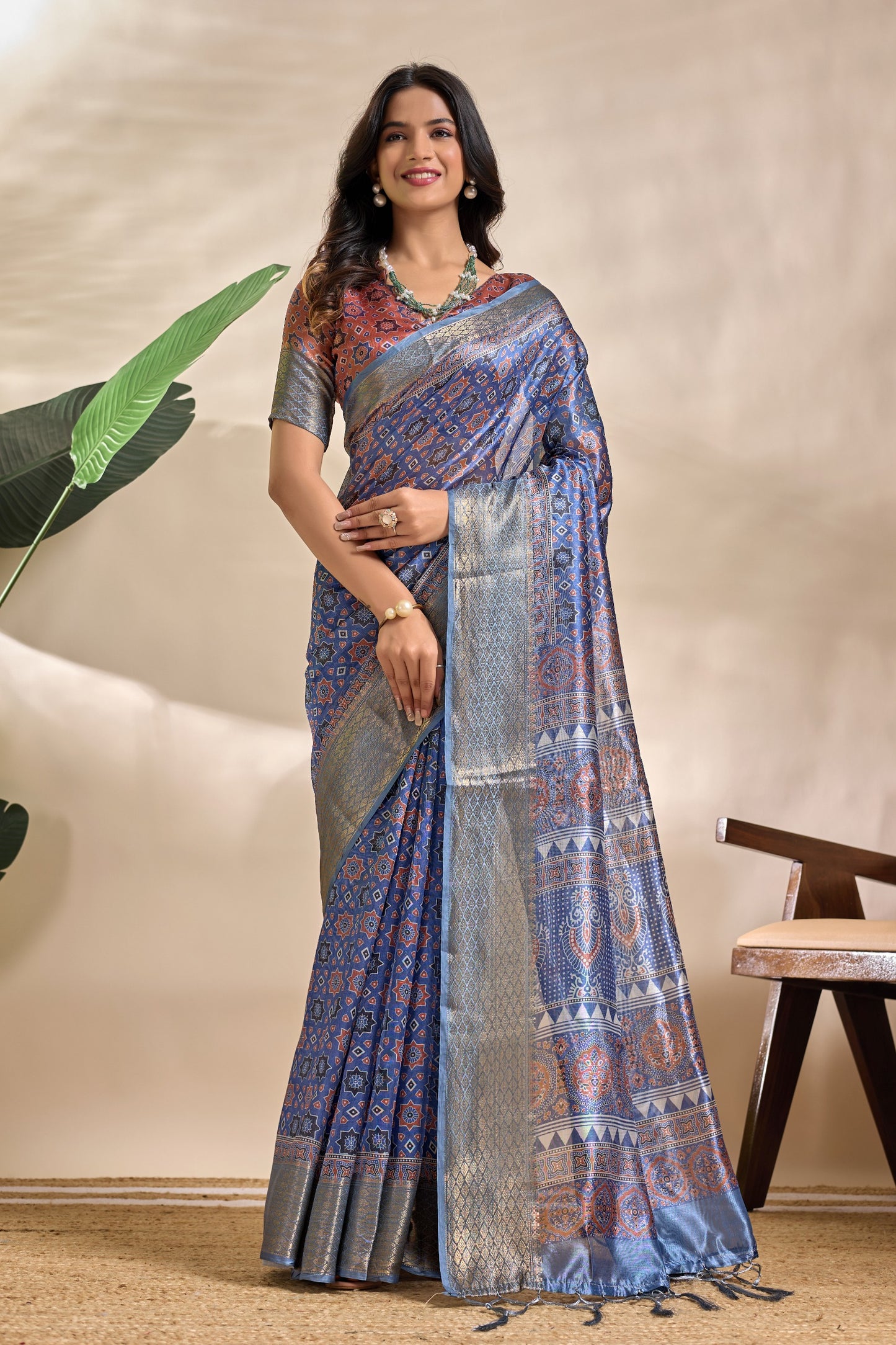 Royal Blue Soft Silk Blend Saree with Traditional Motifs