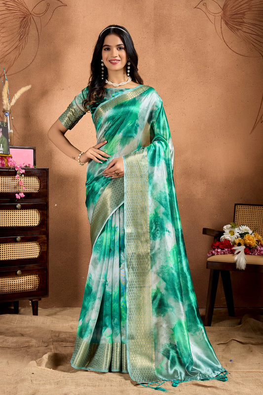 Elegant Green Soft Silk Blend Watercolor Print Saree