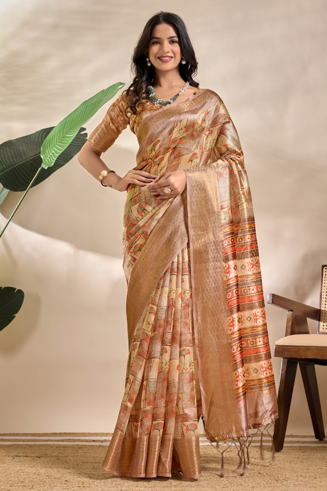Beige Soft Silk Blend Saree with Tribal Elephant Print