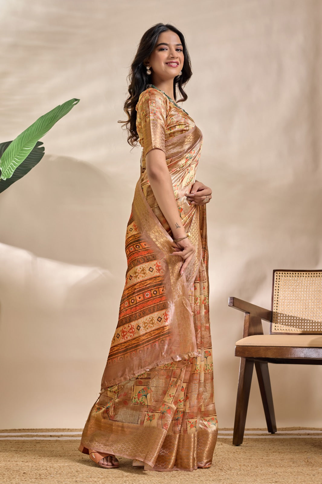Beige Soft Silk Blend Saree with Tribal Elephant Print