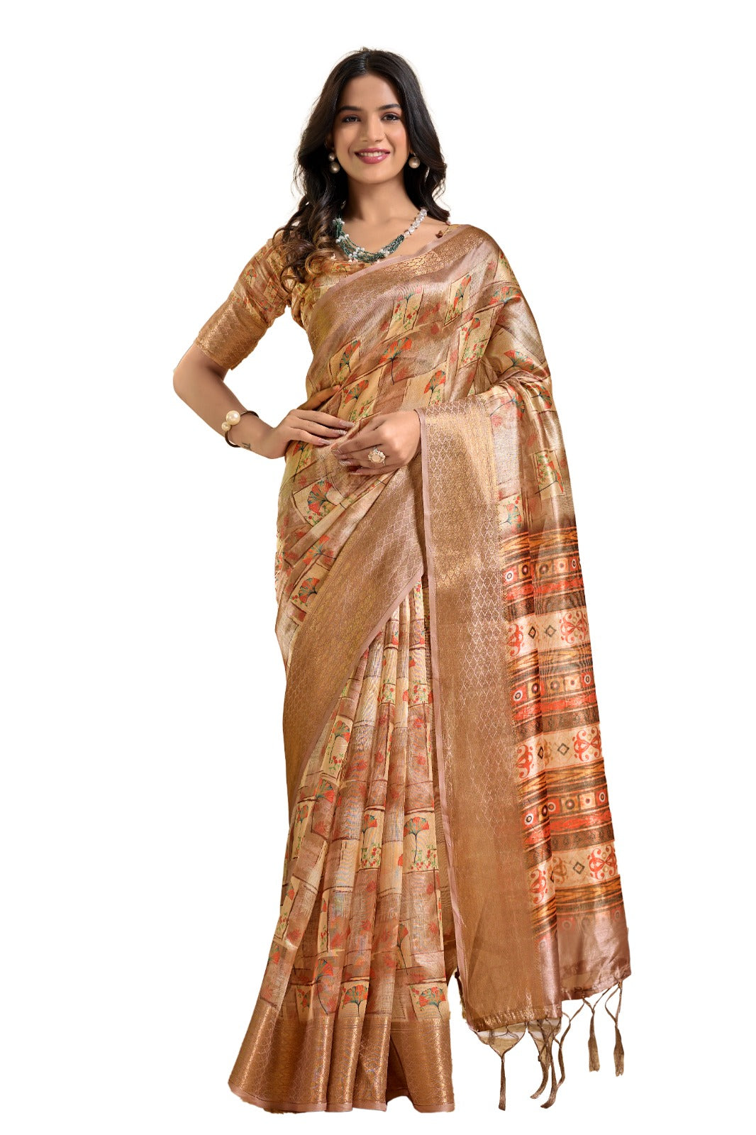 Beige Soft Silk Blend Saree with Tribal Elephant Print