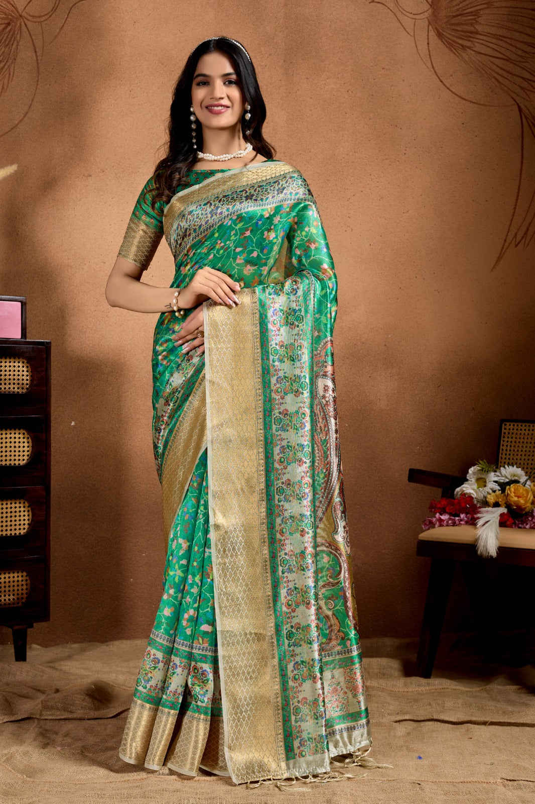 Green Soft Silk Blend Saree with Paisley & Floral Zari Weave