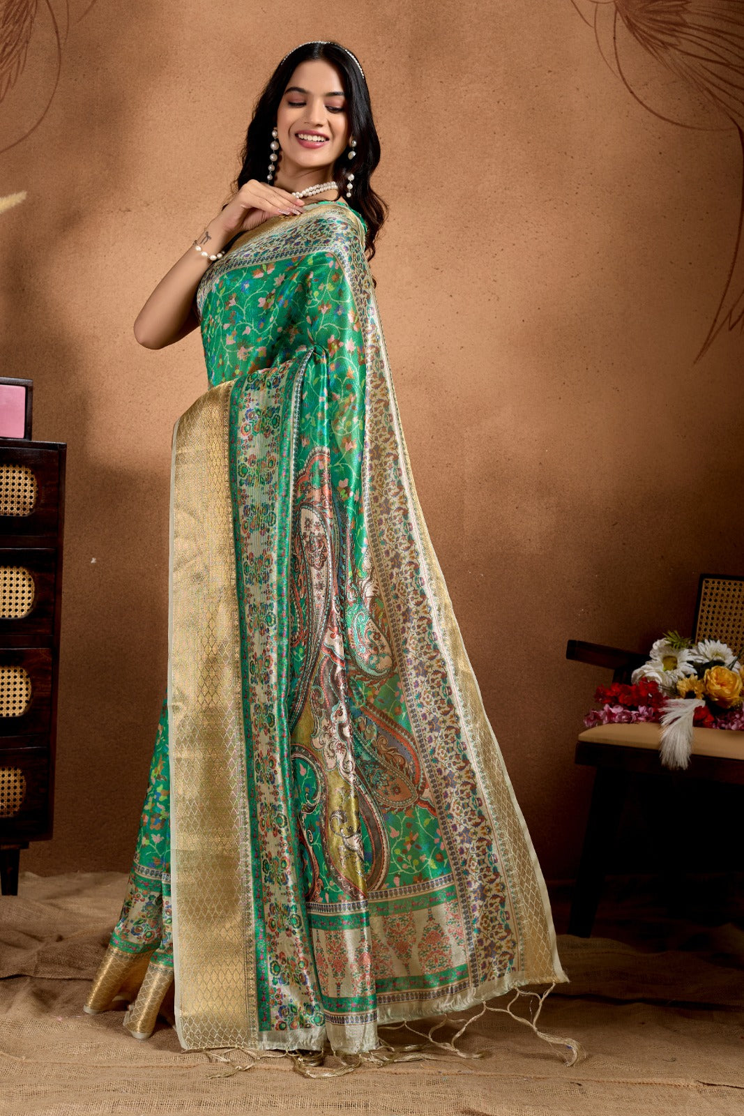 Green Soft Silk Blend Saree with Paisley & Floral Zari Weave