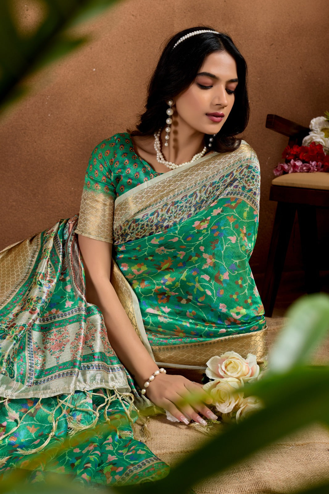 Green Soft Silk Blend Saree with Paisley & Floral Zari Weave