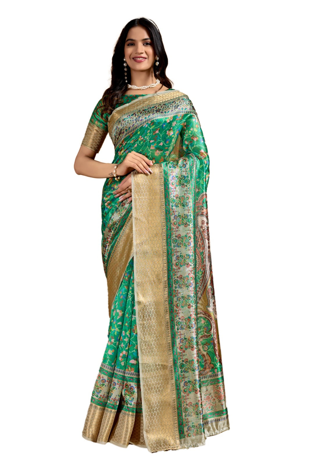 Green Soft Silk Blend Saree with Paisley & Floral Zari Weave