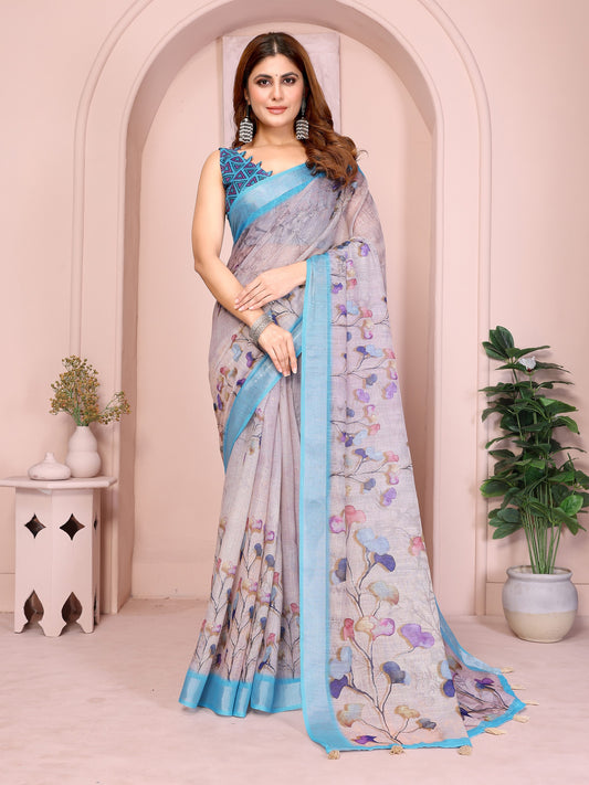 Elegant Linen Cotton Saree with Floral Print