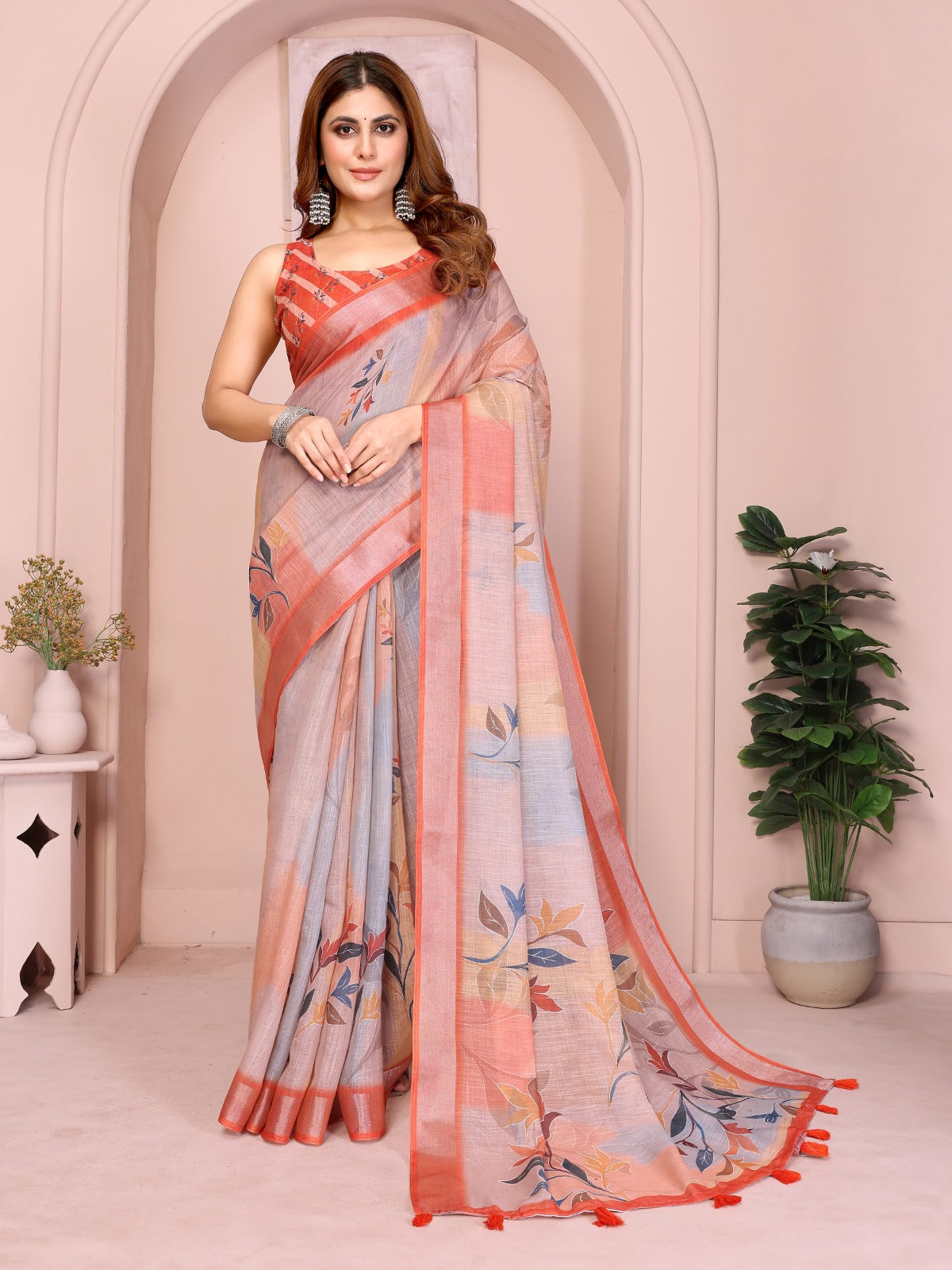 Elegant Linen Cotton Saree with Subtle Leaf Motifs