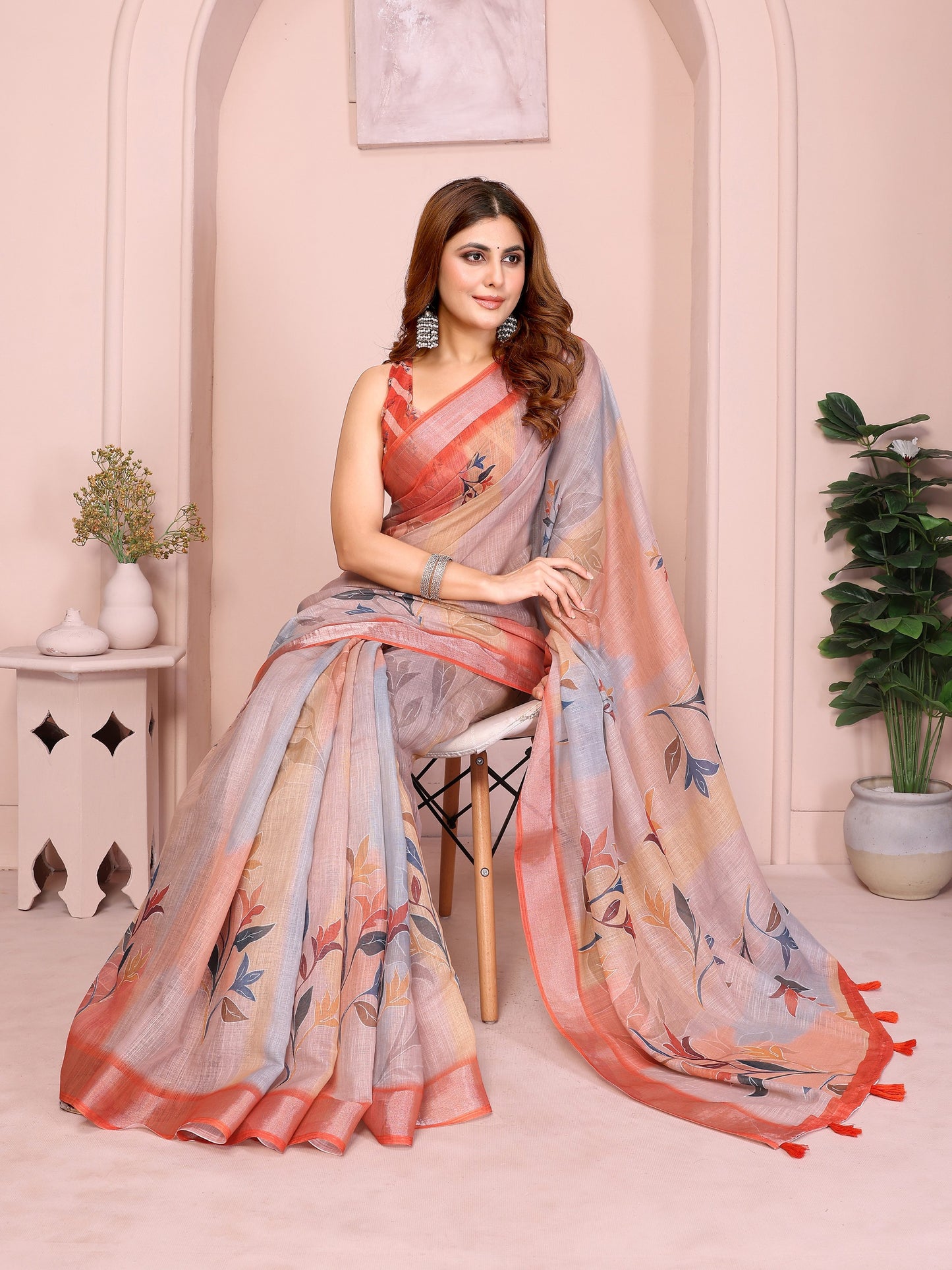 Elegant Linen Cotton Saree with Subtle Leaf Motifs