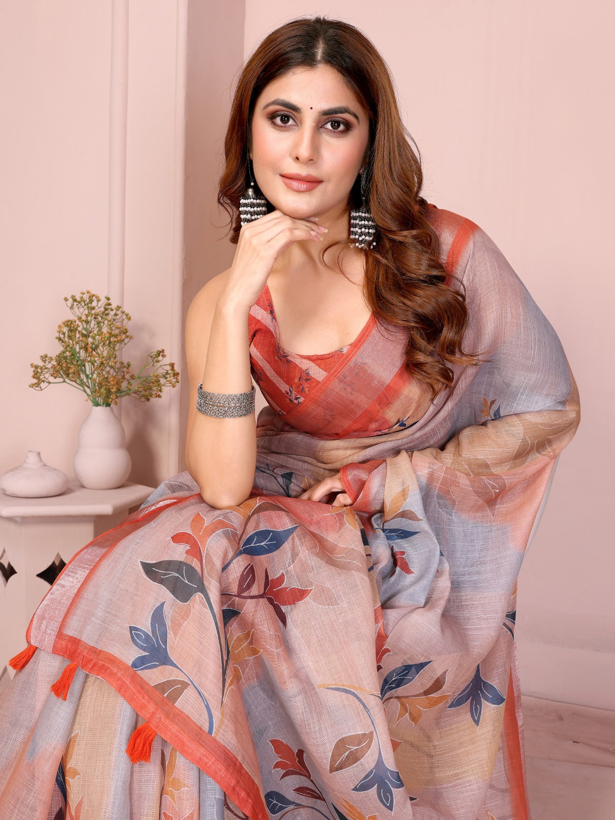 Elegant Linen Cotton Saree with Subtle Leaf Motifs