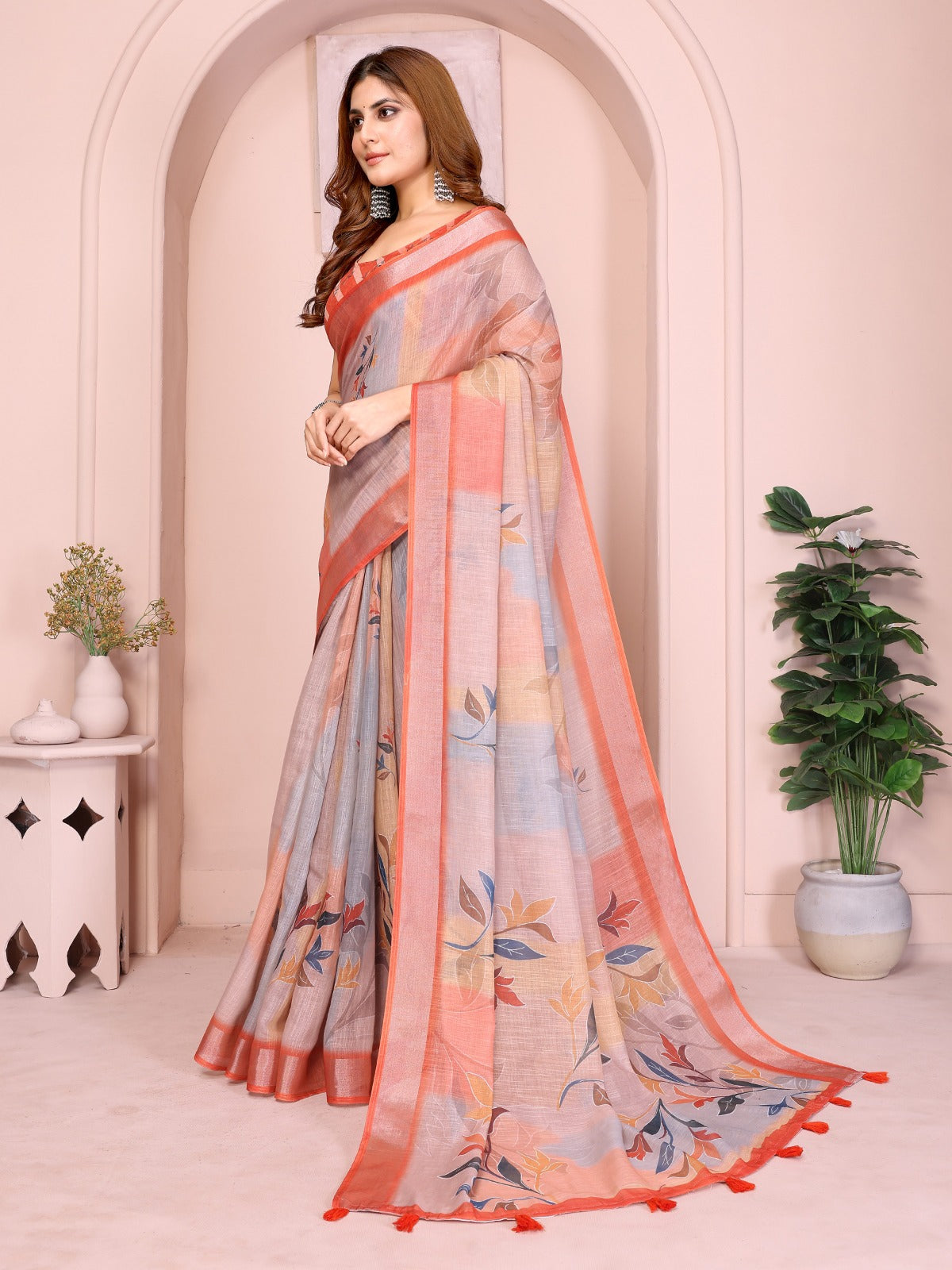 Elegant Linen Cotton Saree with Subtle Leaf Motifs