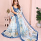 Pastel Blue Linen Cotton Saree with Tropical Leaf Prints