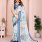Pastel Blue Linen Cotton Saree with Tropical Leaf Prints