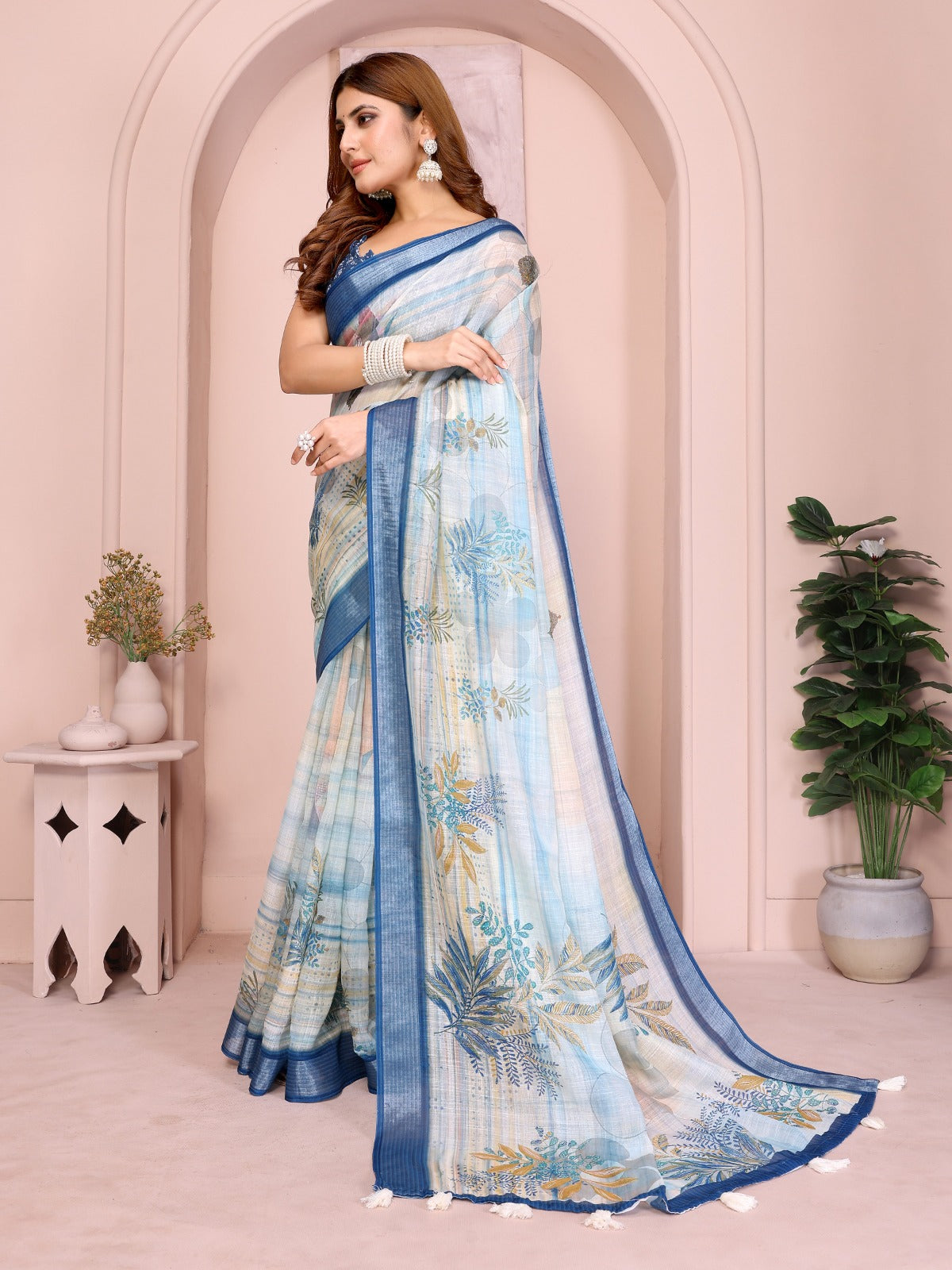 Pastel Blue Linen Cotton Saree with Tropical Leaf Prints