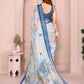 Pastel Blue Linen Cotton Saree with Tropical Leaf Prints