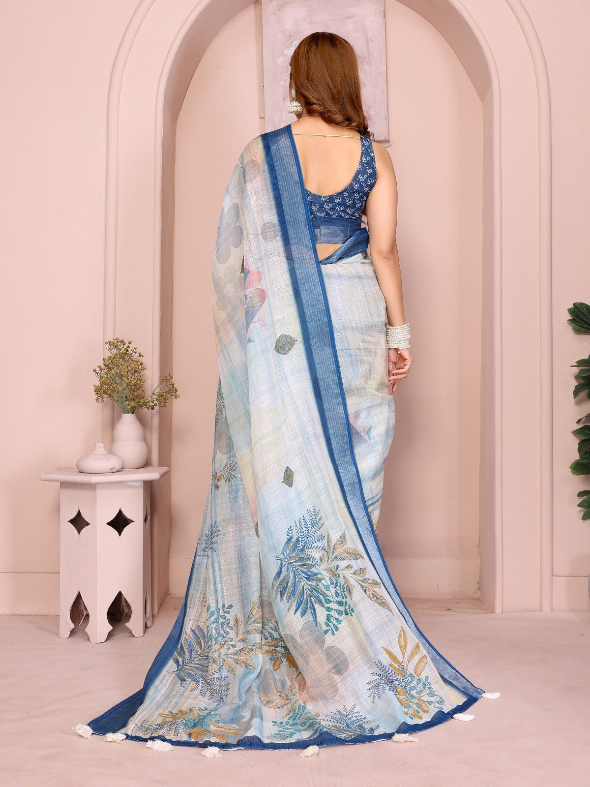 Pastel Blue Linen Cotton Saree with Tropical Leaf Prints