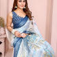 Pastel Blue Linen Cotton Saree with Tropical Leaf Prints