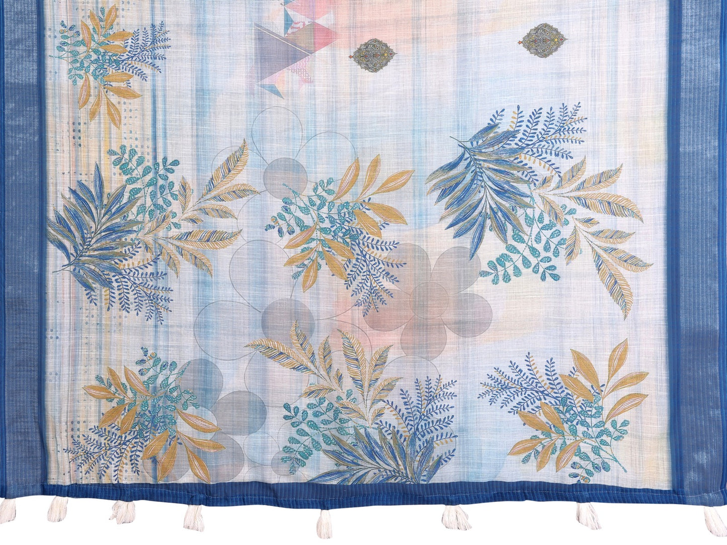 Pastel Blue Linen Cotton Saree with Tropical Leaf Prints