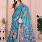 Teal Linen Cotton Saree with Multicolor Floral Prints