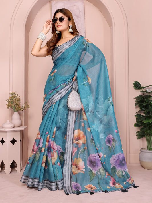 Teal Linen Cotton Saree with Multicolor Floral Prints