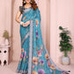 Teal Linen Cotton Saree with Multicolor Floral Prints