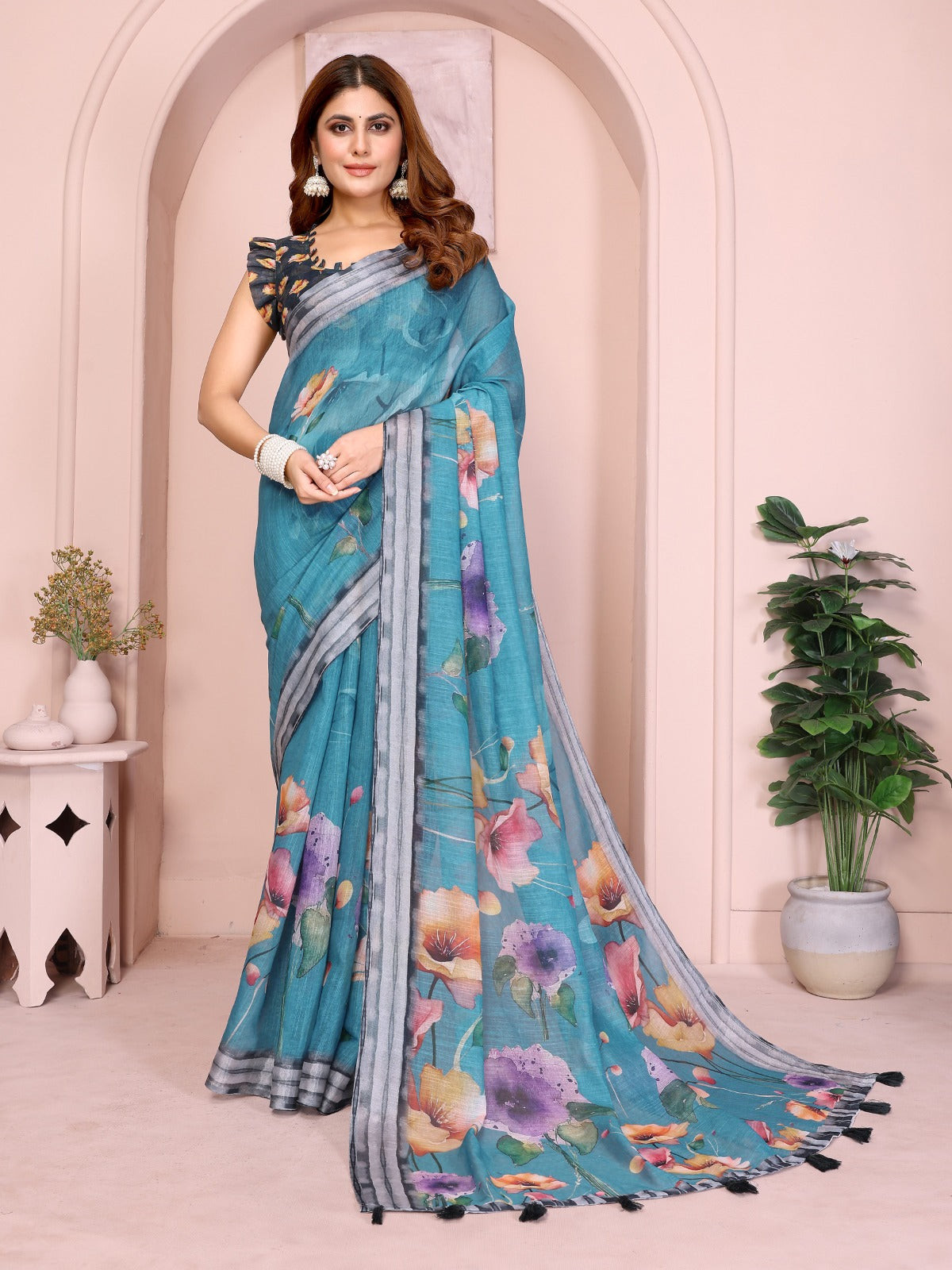 Teal Linen Cotton Saree with Multicolor Floral Prints