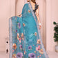 Teal Linen Cotton Saree with Multicolor Floral Prints