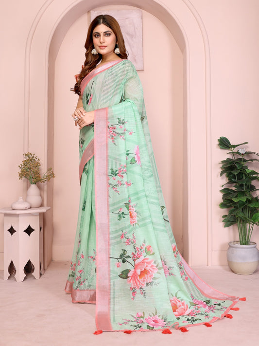 Refreshing Mint Green Linen Cotton Saree with Pink Floral Prints