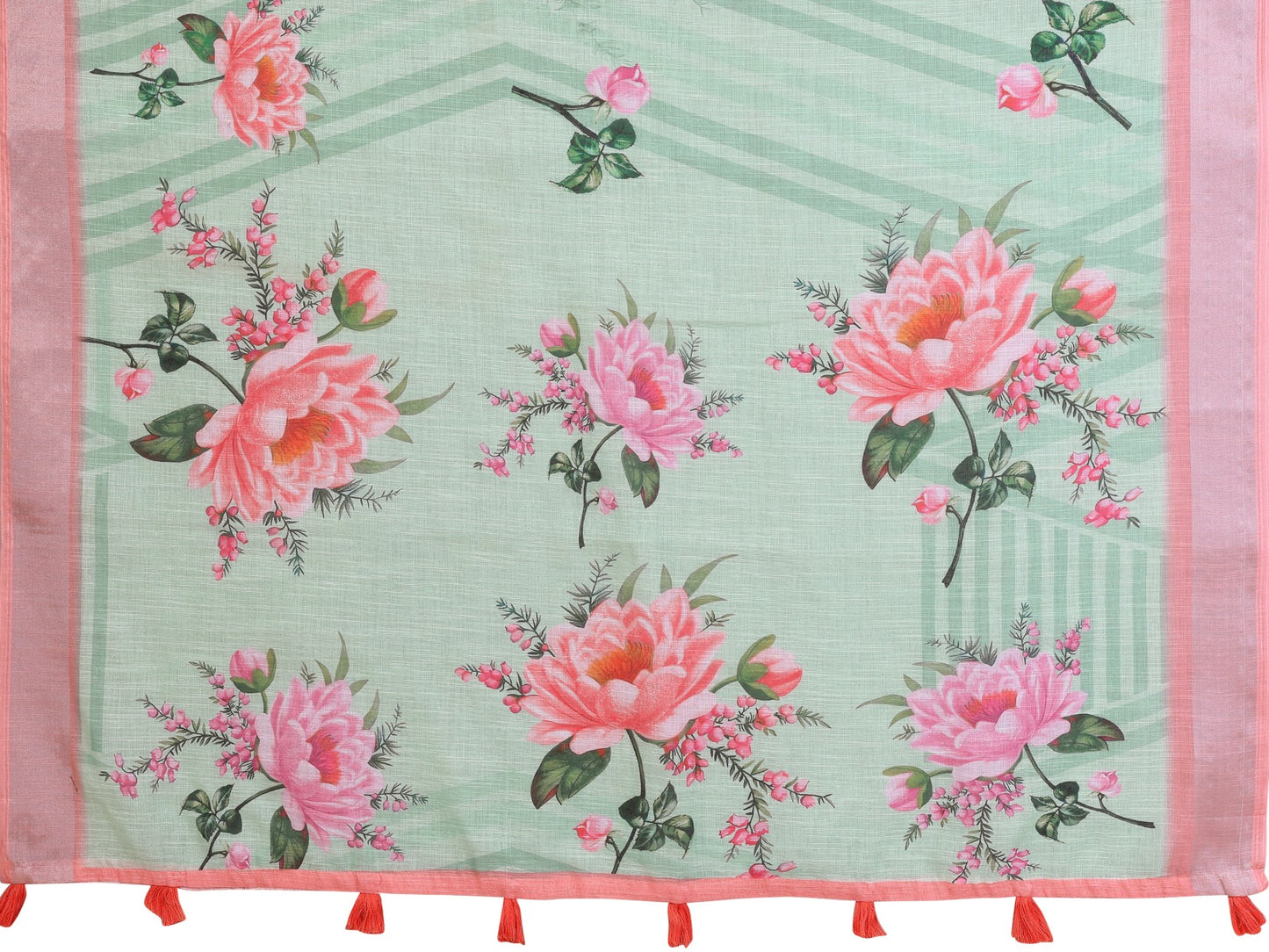 Refreshing Mint Green Linen Cotton Saree with Pink Floral Prints