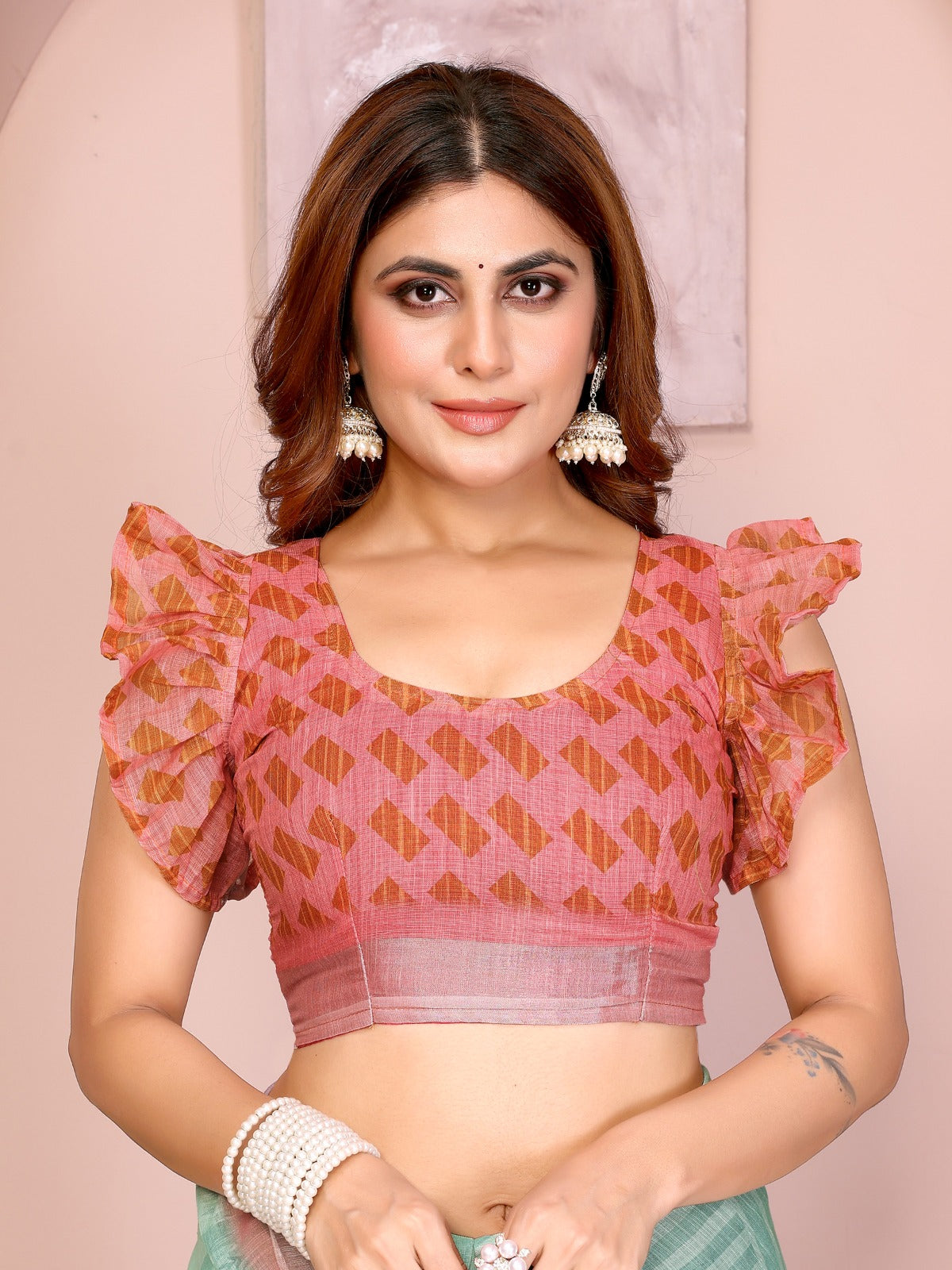 Refreshing Mint Green Linen Cotton Saree with Pink Floral Prints