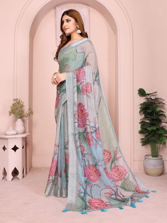 Elegant Grey-Blue Linen Cotton Saree with Bold Floral Prints