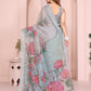 Elegant Grey-Blue Linen Cotton Saree with Bold Floral Prints