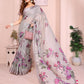 Soft Grey Linen Cotton Saree with Purple Floral Prints
