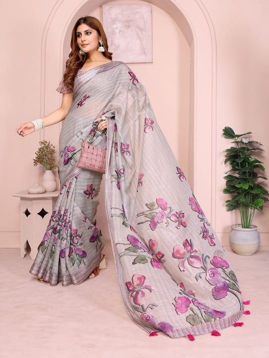 Soft Grey Linen Cotton Saree with Purple Floral Prints