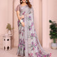 Soft Grey Linen Cotton Saree with Purple Floral Prints