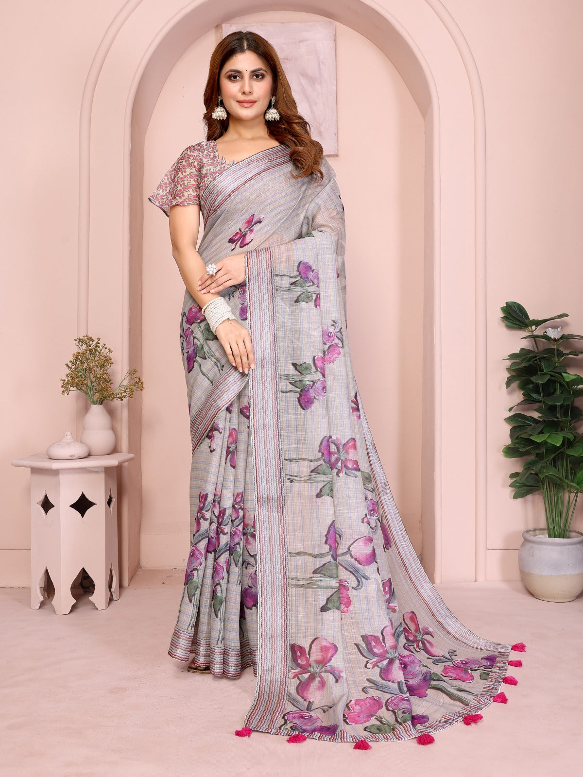 Soft Grey Linen Cotton Saree with Purple Floral Prints