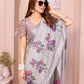 Soft Grey Linen Cotton Saree with Purple Floral Prints