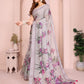 Soft Grey Linen Cotton Saree with Purple Floral Prints