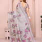 Soft Grey Linen Cotton Saree with Purple Floral Prints