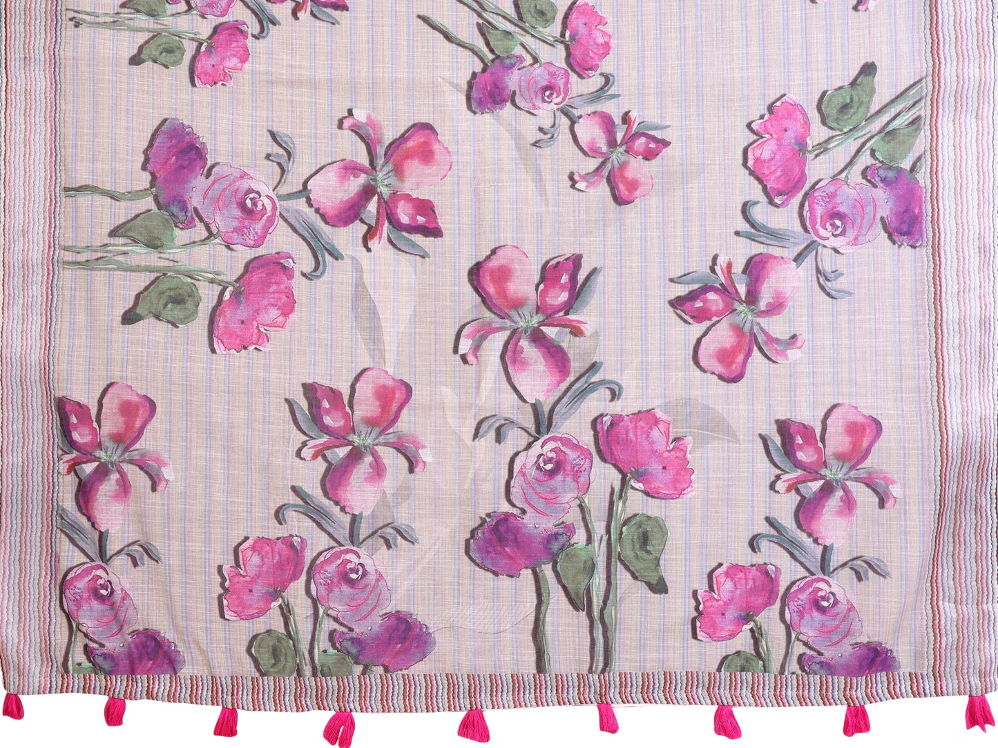 Soft Grey Linen Cotton Saree with Purple Floral Prints