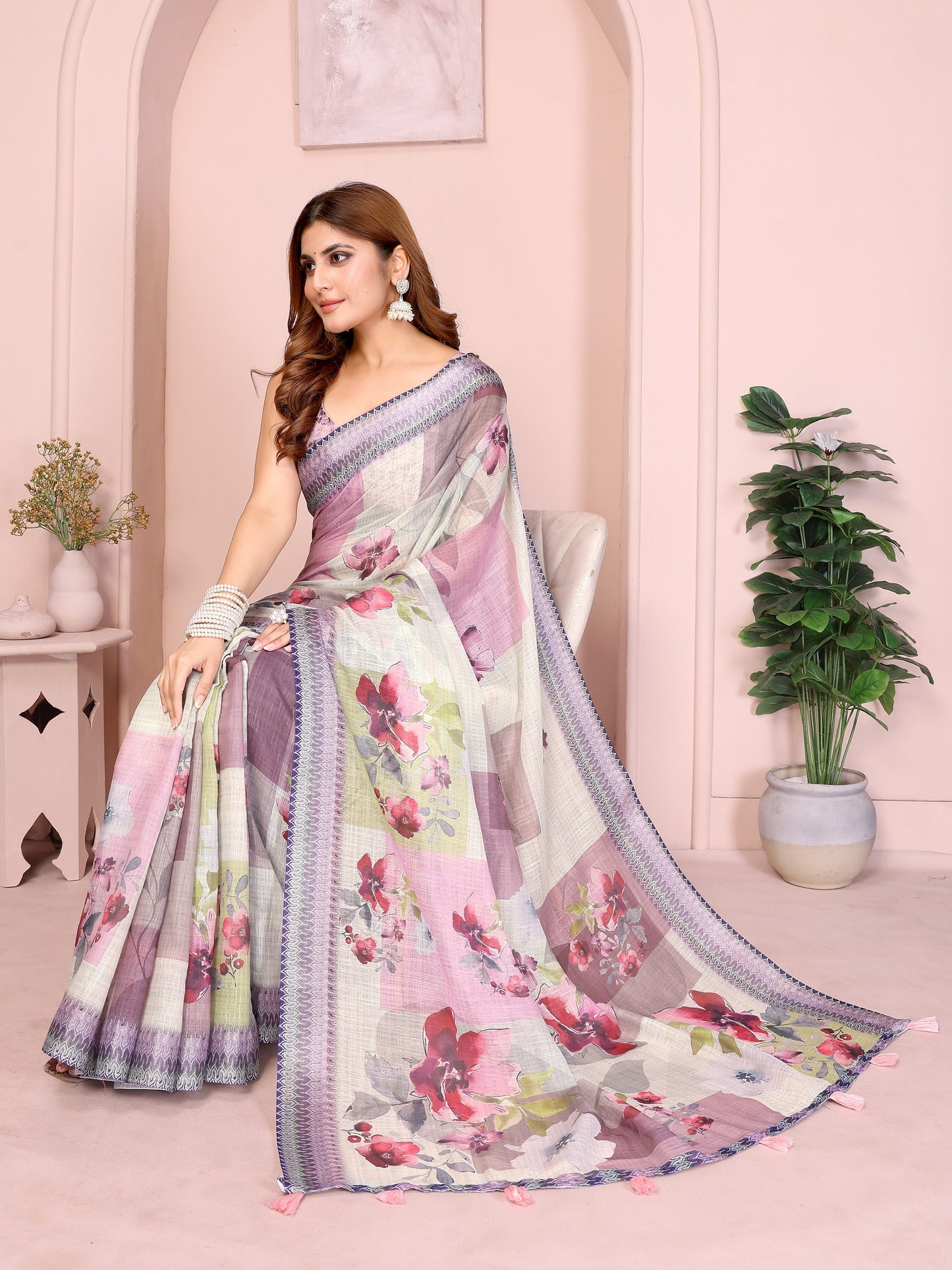 Pastel Multi-Tone Linen Cotton Saree with Artistic Floral Prints