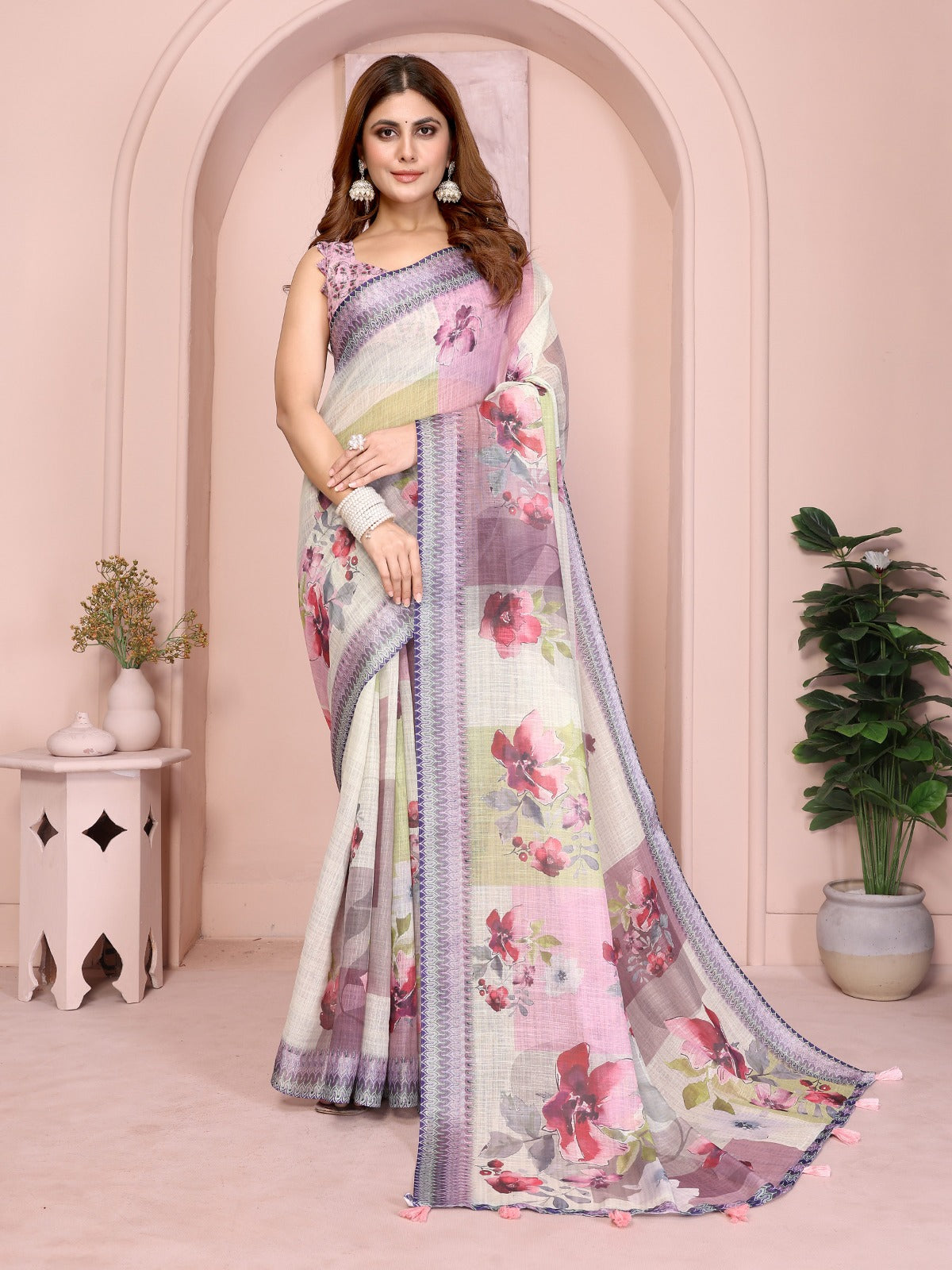 Pastel Multi-Tone Linen Cotton Saree with Artistic Floral Prints
