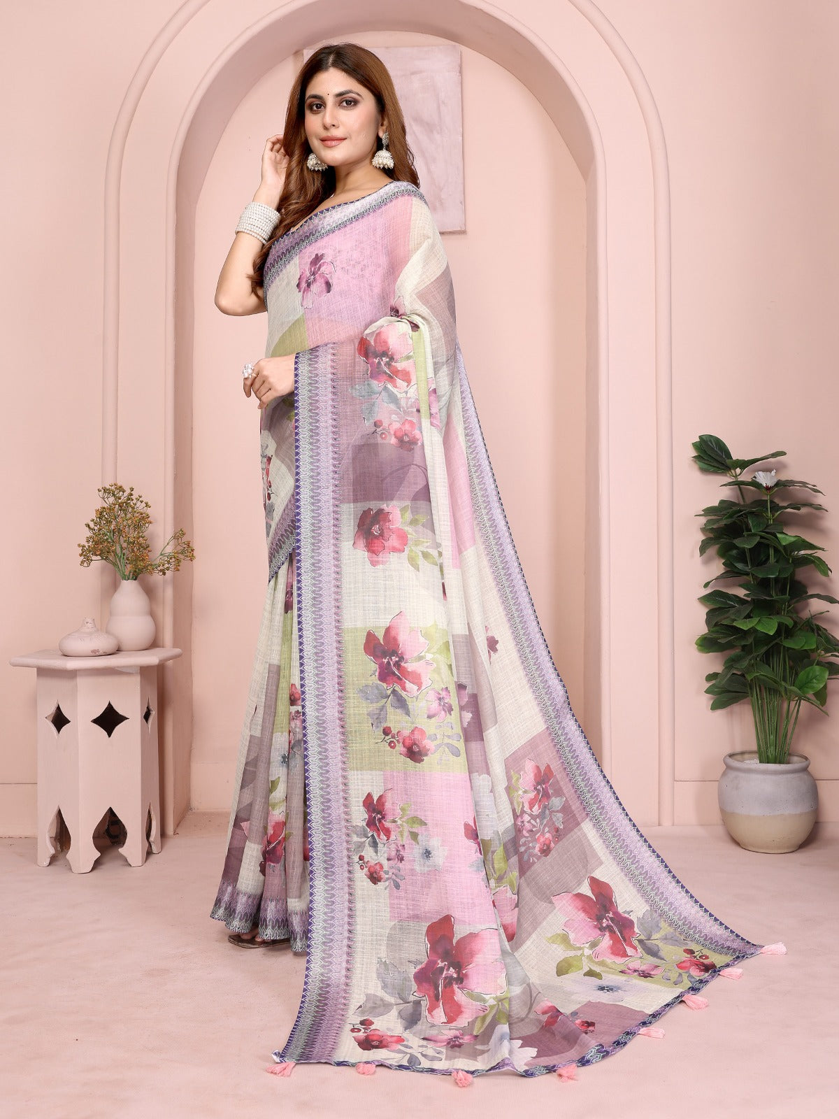 Pastel Multi-Tone Linen Cotton Saree with Artistic Floral Prints